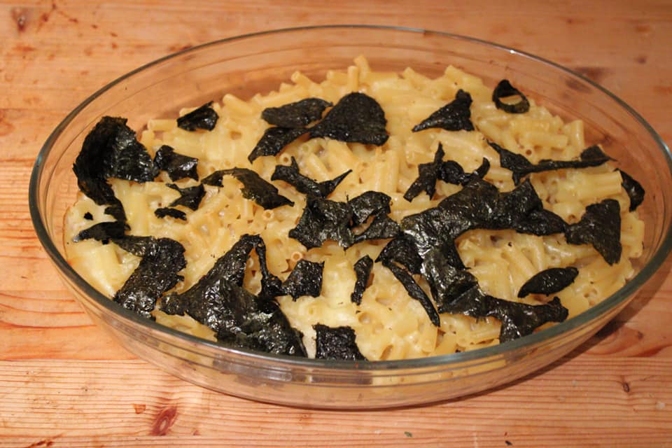 Wasabi macaroni and cheese with seaweed dressing. 